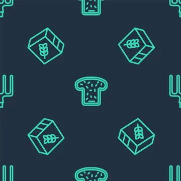 Set line Bread toast, Flour pack and Garden pitchfork on seamless pattern Stock Illustration