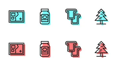 Set line Bread toast, Folded map, Jam jar and Tree icon. Vector イラスト素材