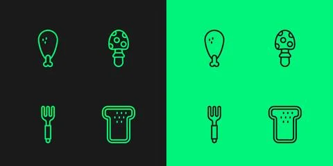 Set line Bread toast, Fork, Chicken leg and Fly agaric mushroom icon. Vector Stockillustratie