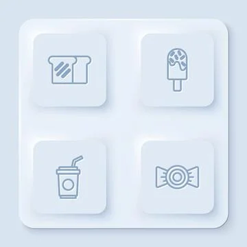 Set line Bread toast, Ice cream, Paper glass with straw and Candy. White square Illustrazione stock
