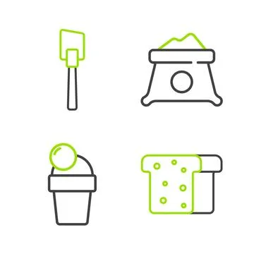 Set line Bread toast, Ice cream, Bag of flour and Spatula icon. Vector Illustrazione stock