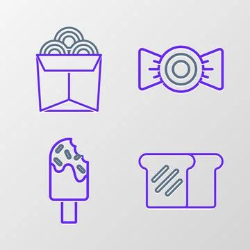 Set line Bread toast, Ice cream, Candy and Noodles in box icon. Vector イラスト素材