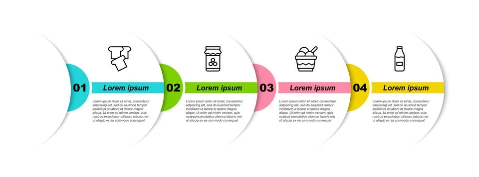 Set line Bread toast, Jar of honey, Ice cream in bowl and Bottle with milk... Stock Illustration