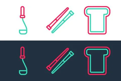 Set line Bread toast, Kitchen ladle and Food chopsticks icon. Vector Illustrazione stock