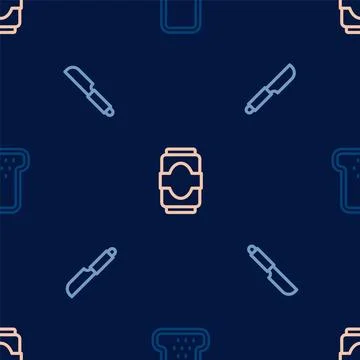 Set line Bread toast, Knife and Soda can on seamless pattern. Vector Illustrazione stock
