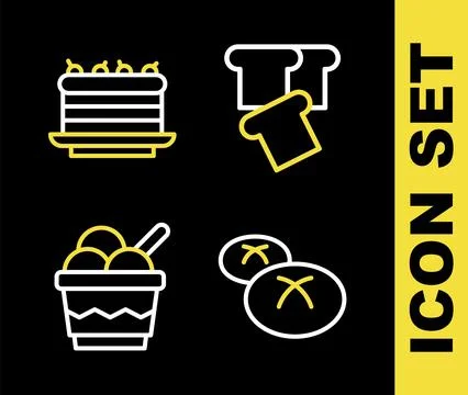 Set line Bread toast, loaf, Ice cream in bowl and Cake icon. Vector Illustrazione stock