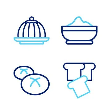 Set line Bread toast, loaf, Flour bowl and Pudding custard icon. Vector 스톡 일러스트