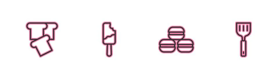 Set line Bread toast, Macaron cookie, Ice cream and Spatula icon. Vector Illustrazione stock