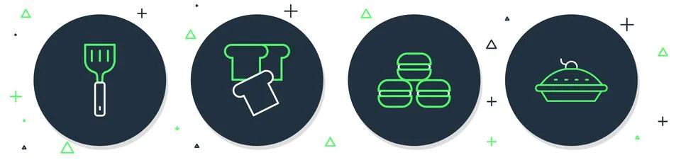 Set line Bread toast, Macaron cookie, Spatula and Homemade pie icon. Vector Ilustración de archivo