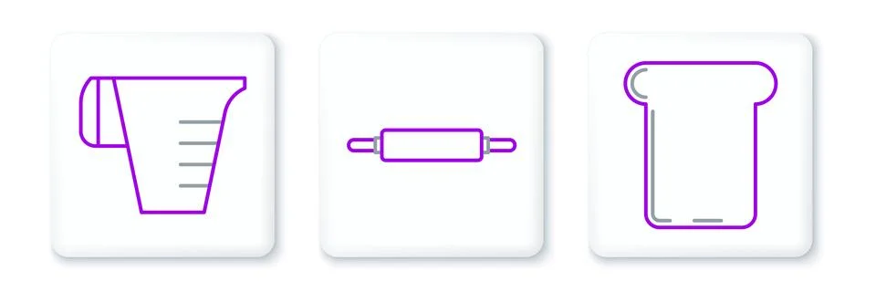 Set line Bread toast, Measuring cup and Rolling pin icon. Vector Illustrazione stock