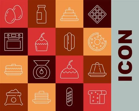 Set line Bread toast, Pudding custard, Donut, Cake with burning candles, Oven Stock Illustration