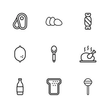 Set line Bread toast Roasted turkey or chicken Lollipop Spoon Candy Steak mea Stock Illustration