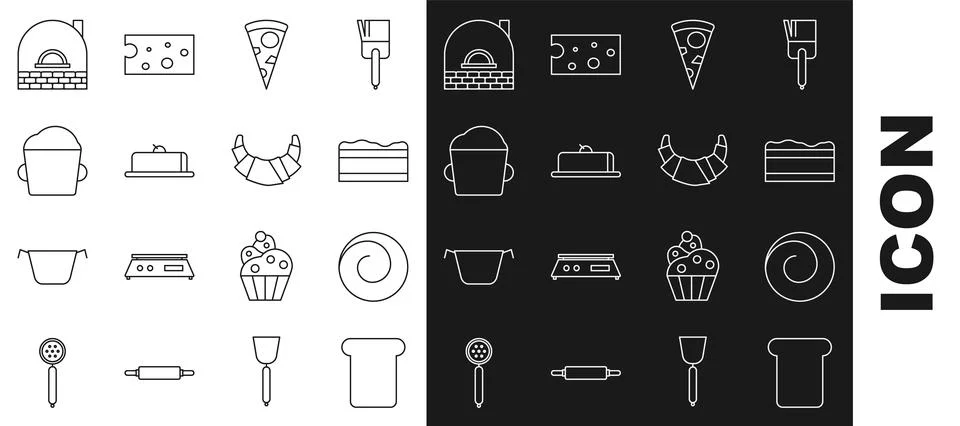 Set line Bread toast, Roll bun with cinnamon, Brownie chocolate cake, Slice of Stock Illustration