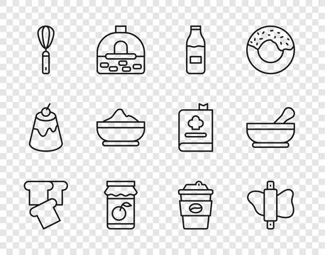 Set line Bread toast, Rolling pin on dough, Bottle with milk, Jam jar, Kitc.. Stock Illustration