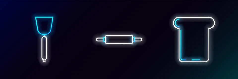 Set line Bread toast, Spatula and Rolling pin icon. Glowing neon. Vector 스톡 일러스트