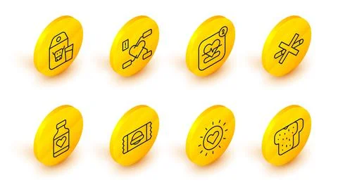 Set line Bread toast, Sun, Sports nutrition, Vitamin pill, No Smoking, Mobi.. Stock Illustration
