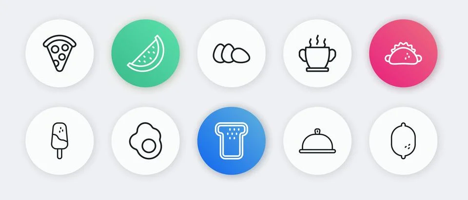 Set line Bread toast, Taco with tortilla, Ice cream, Covered tray of food, .. Stock Illustration