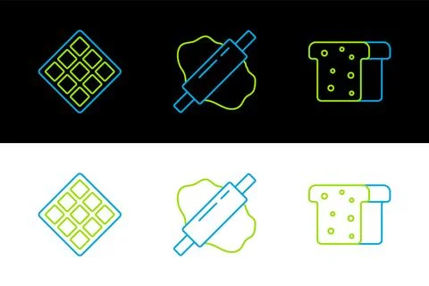 Set line Bread toast, Waffle and Rolling pin on dough icon. Vector 스톡 일러스트