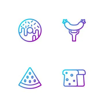 Set line Bread toast, Watermelon, Donut and Sausage the fork. Gradient color Illustrazione stock
