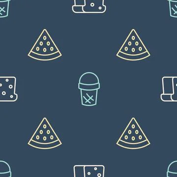 Set line Bread toast, Watermelon and Ice cream in waffle on seamless pattern Stock Illustration