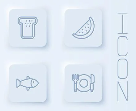 Set line Bread toast, Watermelon, Fish and Plate, fork and knife. White square Stockillustratie