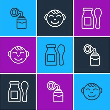 Set line Breast pump, Yogurt in bottle with spoon and Little boy head icon... Stock Illustration