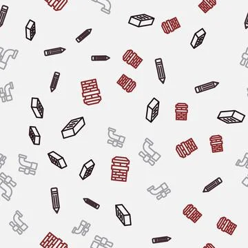 Set line Brick, Pencil with eraser, Water tap and Chimney on seamless pattern Illustrazione stock