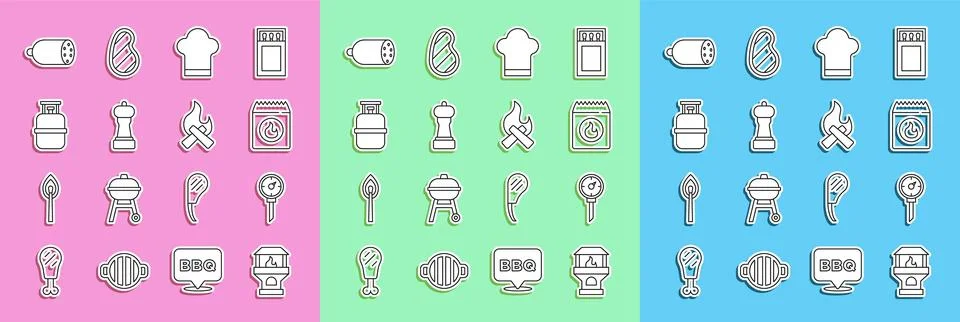Set line Brick stove, Kitchen thermometer, Barbecue coal bag, Chef hat, Pep.. Stock Illustration