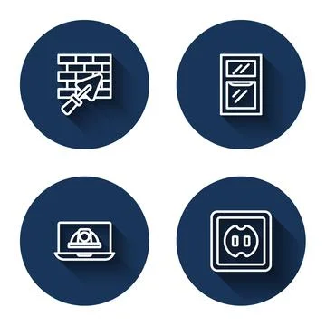 Set line Brick wall with trowel, Window in room, Worker safety helmet and Ele Illustrazione stock