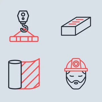 Set line Brick, Wallpaper, Builder and Crane hook icon. Vector Stock Illustration