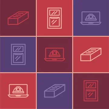 Set line Brick, Worker safety helmet and Window in room icon. Vector Illustrazione stock