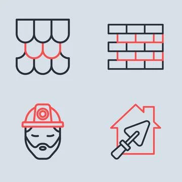 Set line Bricks, Builder, House with trowel and Roof tile icon. Vector Stock Illustration