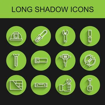 Set line Bricks, Construction bubble level, Worker safety helmet, Wrench spanner Stock Illustration