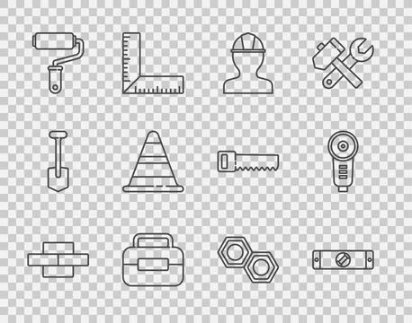 Set line Bricks, Construction bubble level, Worker safety helmet, Toolbox, .. Stock Illustration