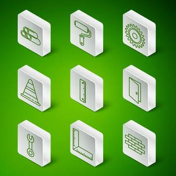 Set line Bricks Corner ruler Industry metallic pipe Ruler Traffic cone Paint  Stock Illustration