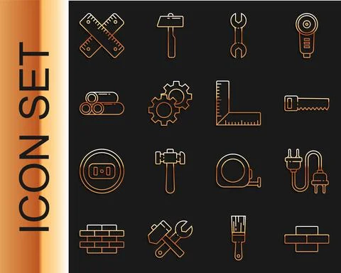 Set line Bricks, Electric plug, Hand saw, Wrench spanner, Gear, Industry Stock Illustration