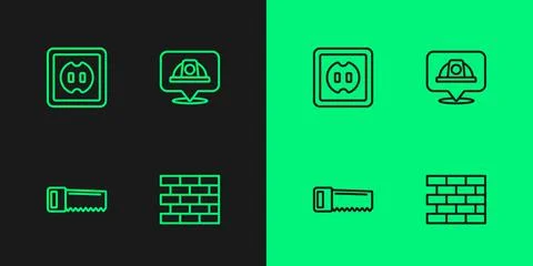 Set line Bricks, Hand saw, Electrical outlet and Worker safety helmet icon Stock Illustration