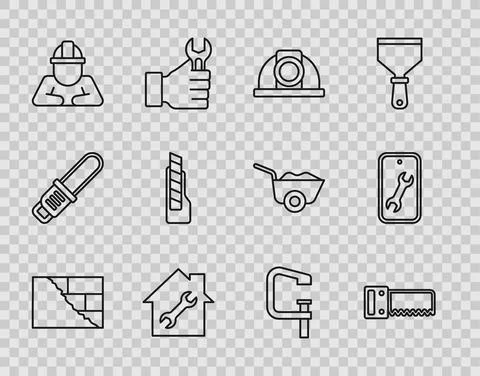 Set line Bricks, Hand saw, Worker safety helmet, House repair, Builder Stock Illustration