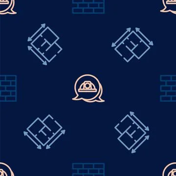Set line Bricks, House plan and Worker safety helmet on seamless pattern. Vec Stock Illustration