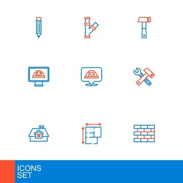 Set line Bricks, House plan, Window in room, Worker safety helmet, Hammer a.. Stock Illustration