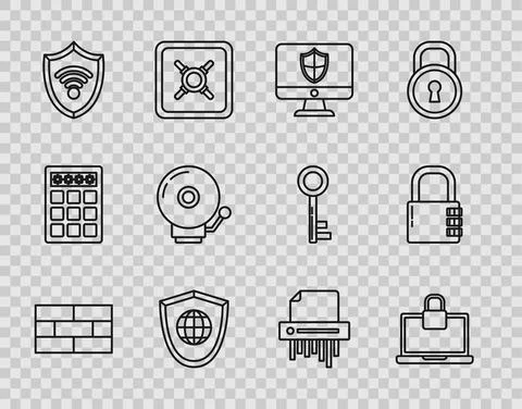 Set line Bricks, Laptop and lock, Computer monitor shield, Shield with world Stock Illustration