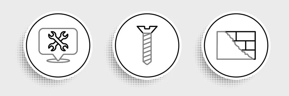 Set line Bricks, Location with wrench and Metallic screw icon. Vector Ilustración de archivo