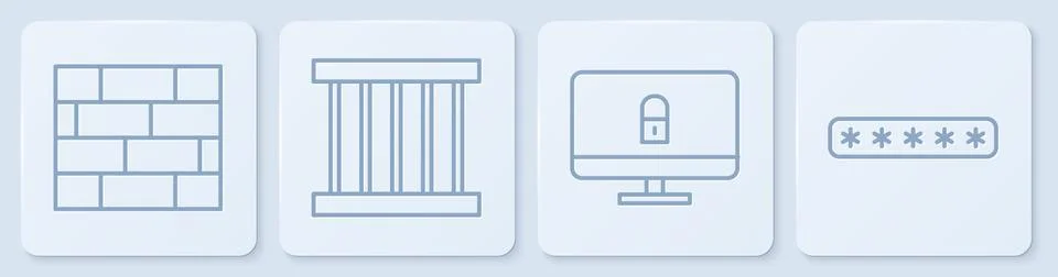 Set line Bricks, Lock on computer monitor, Prison window and Password protection Stockillustratie