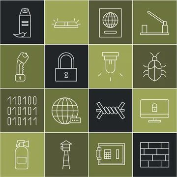 Set line Bricks, Lock on computer monitor, System bug concept, Passport, Po.. Illustrazione stock