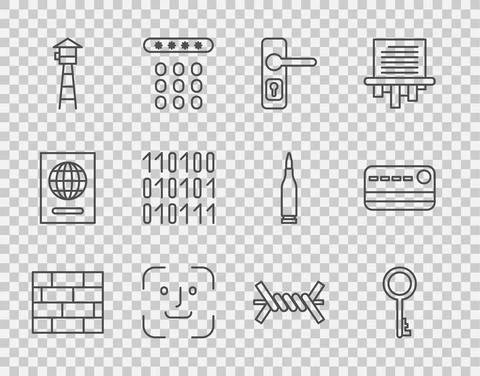 Set line Bricks, Old key, Door handle, Face recognition, Watch tower, Binary Illustration