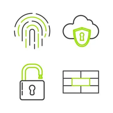 Set line Bricks, Open padlock, Cloud and shield and Fingerprint icon. Vector Illustrazione stock