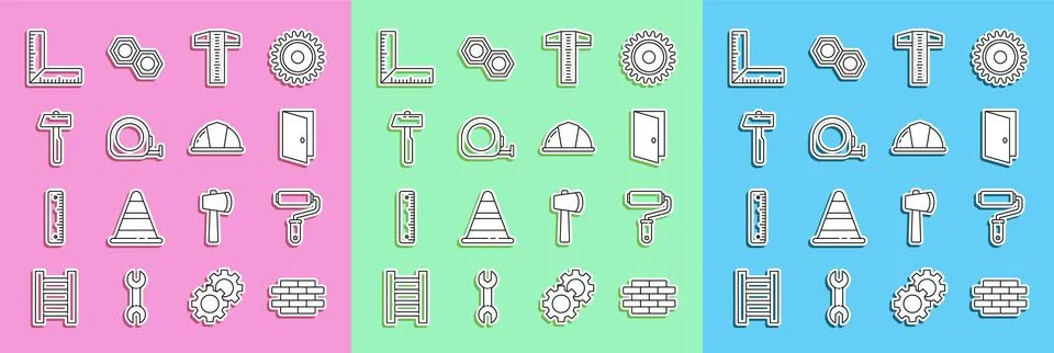 Set line Bricks, Paint roller brush, Closed door, T-square line, Roulette Stock Illustration