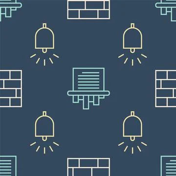 Set line Bricks, Ringing alarm bell and Paper shredder on seamless pattern Stock Illustration