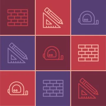 Set line Bricks, Roulette construction and Triangular ruler and pencil icon Stock Illustration