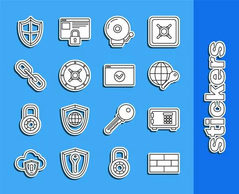 Set line Bricks, Safe, Globe key, Ringing alarm bell, Chain link, Shield and Stockillustratie